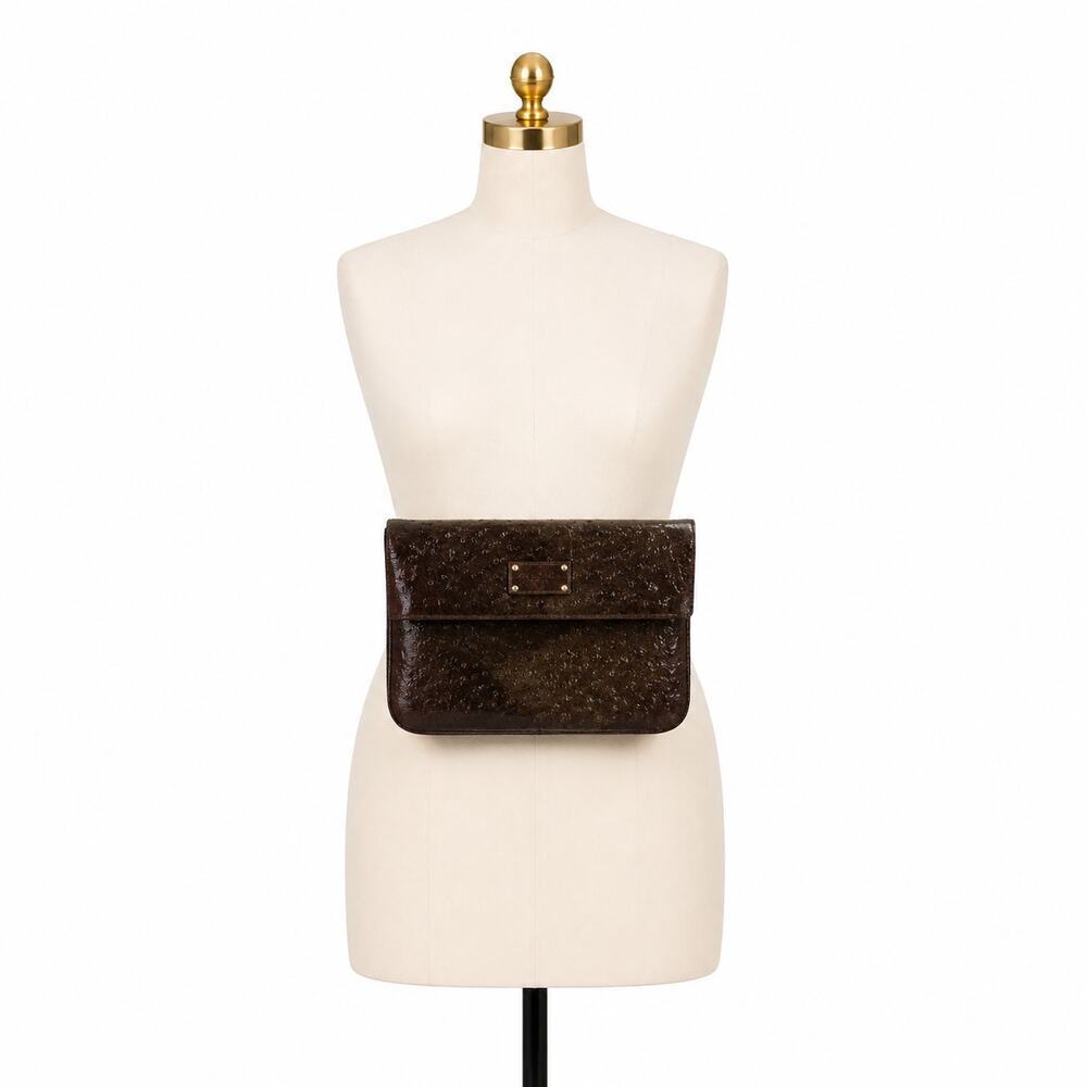 Nordstrom Brown Ostrich Embossed Faux Leather Foldover Clutch Bag Handbag EUC